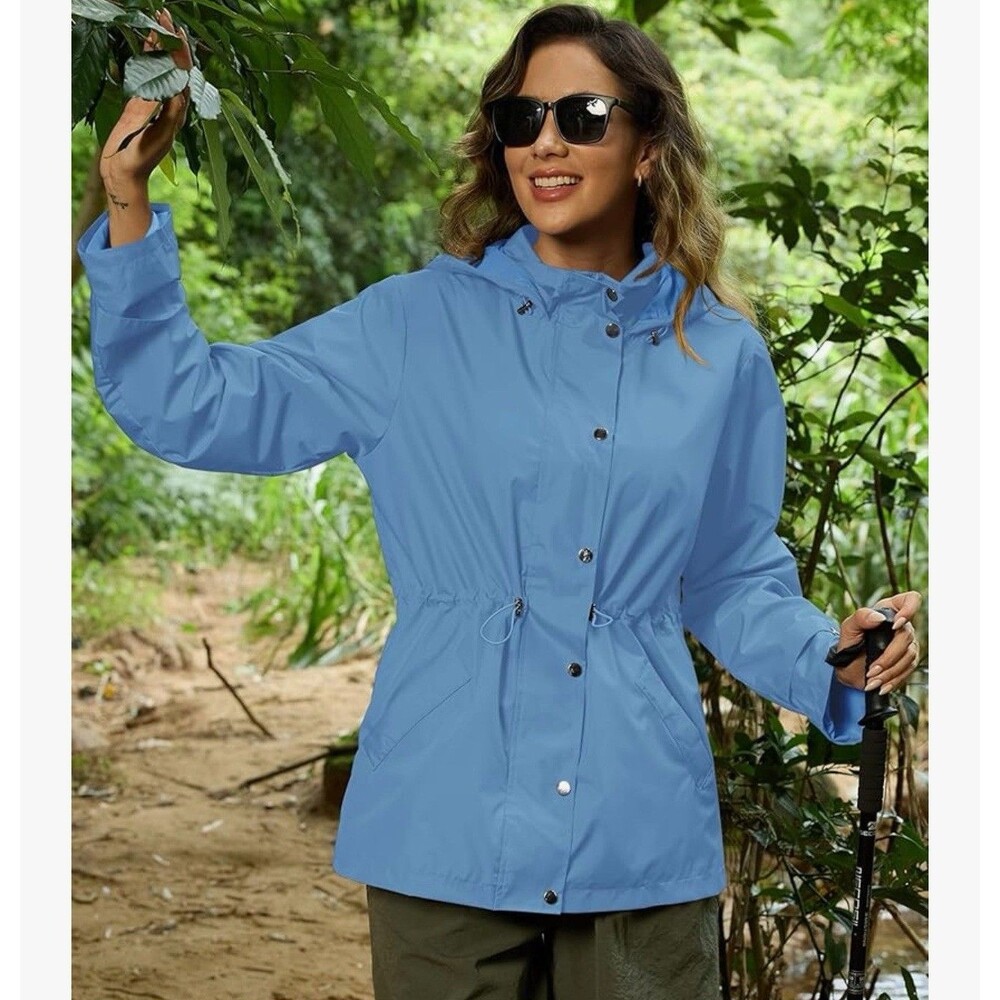 women Rain Jacket Waterproof Lightweight Hooded Raincoat for Hiking sky blue XXL